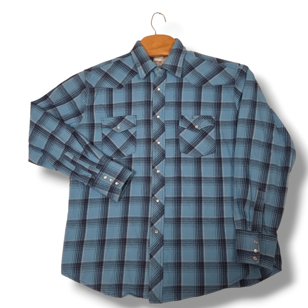 Wrangler Men's XL Pearl Snap Western Plaid Shirt Light Blue 100% Cotton Wrancher